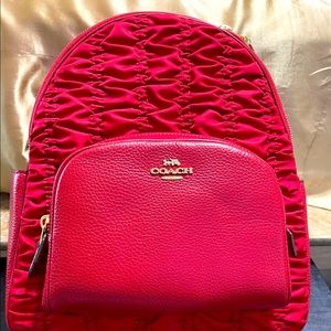 NWT Coach red ruched nylon/with red leather backpack